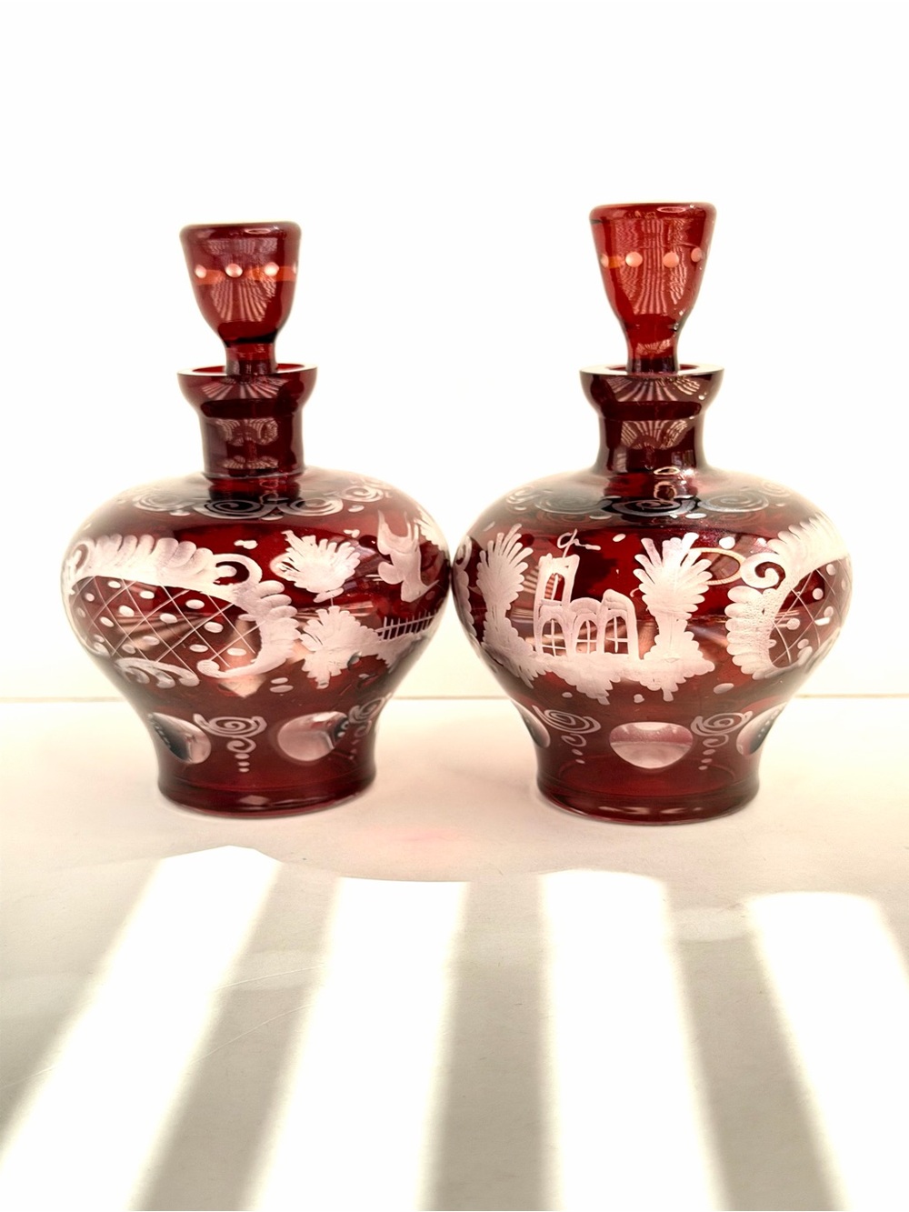 Egermann Ruby Cut To Clear Bohemian CZECH ART GLASS Bottles w/ Stoppers Set of 2 - Picture 5 of 16